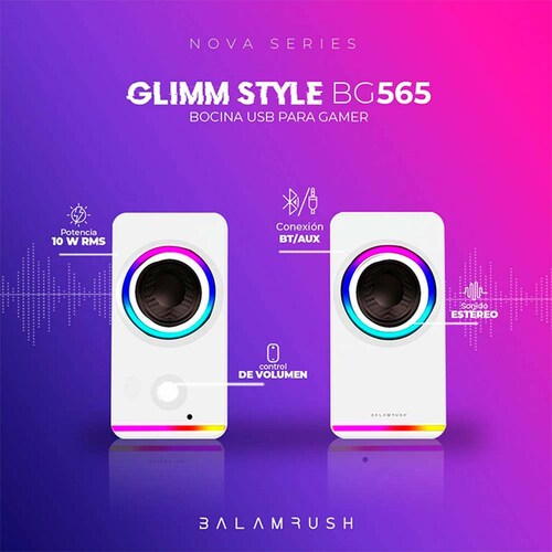 Bocina Gamer BALAM RUSH GLIMM STYLE BG565 LED Bluetooth 3.5mm Blanco BR-937009 