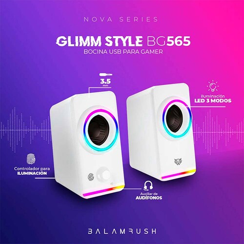 Bocina Gamer BALAM RUSH GLIMM STYLE BG565 LED Bluetooth 3.5mm Blanco BR-937009 