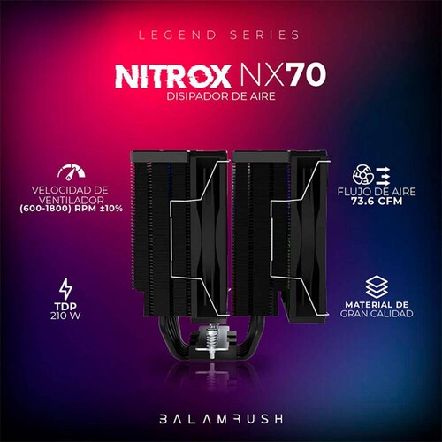 Disipador CPU Gamer BALAM RUSH NITROX NX70 120mm ARGB LGA 1700 AM5 600-1800 rpm 4-pin Negro BR-937382 