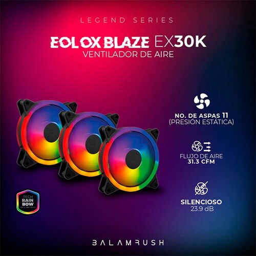 Kit 3 Ventiladores Gamer BALAM RUSH EOLOX BLAZE EX30K 120mm ARGB 1200RPM Negro BR-938006 