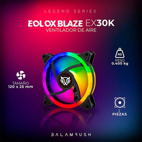 Kit 3 Ventiladores Gamer BALAM RUSH EOLOX BLAZE EX30K 120mm ARGB 1200RPM Negro BR-938006 