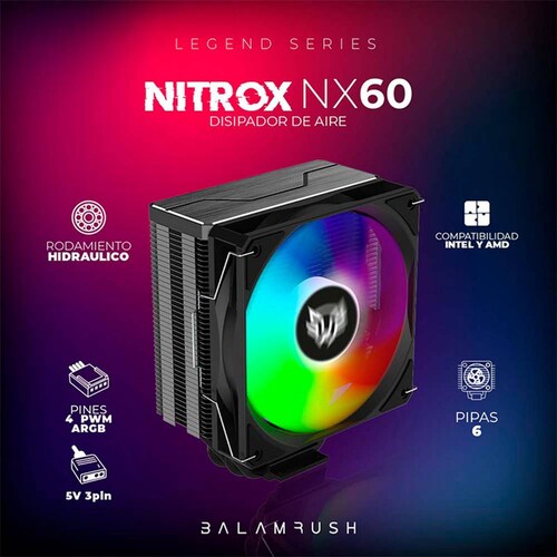 Disipador CPU Gamer BALAM RUSH NITROX NX60 120mm ARGB LGA 1700 AM5 600-1800 rpm 4-pin Negro BR-937399 