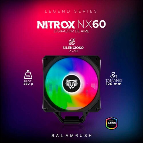 Disipador CPU Gamer BALAM RUSH NITROX NX60 120mm ARGB LGA 1700 AM5 600-1800 rpm 4-pin Negro BR-937399 