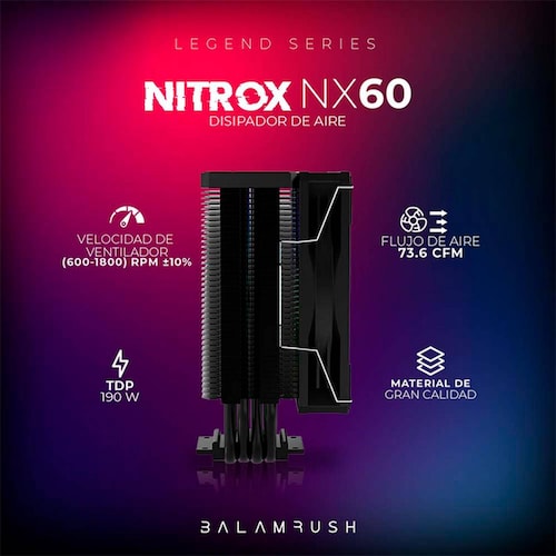 Disipador CPU Gamer BALAM RUSH NITROX NX60 120mm ARGB LGA 1700 AM5 600-1800 rpm 4-pin Negro BR-937399 
