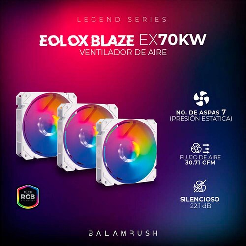 Kit 3 Ventiladores Gamer BALAM RUSH EOLOX BLAZE EX70KW 120mm RGB 1200RPM Blanco BR-937979 