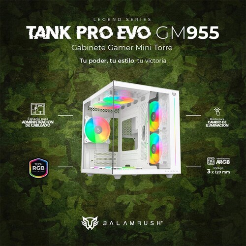 Gabinete Gamer BALAM RUSH TANK PRO EVO GM955 M-ATX Mini Torre 3 Fan RGB USB-C Blanco BR-937337 