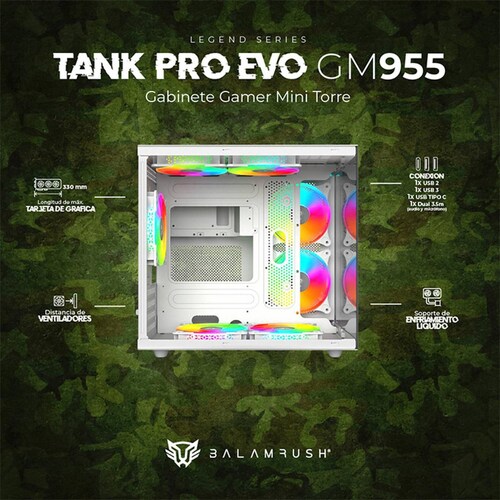 Gabinete Gamer BALAM RUSH TANK PRO EVO GM955 M-ATX Mini Torre 3 Fan RGB USB-C Blanco BR-937337 