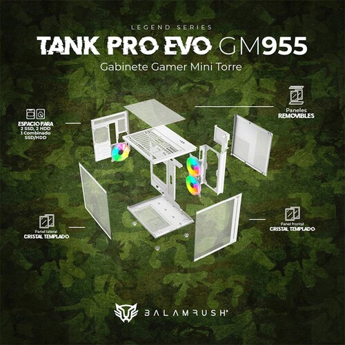 Gabinete Gamer BALAM RUSH TANK PRO EVO GM955 M-ATX Mini Torre 3 Fan RGB USB-C Blanco BR-937337 