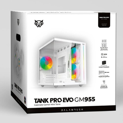 Gabinete Gamer BALAM RUSH TANK PRO EVO GM955 M-ATX Mini Torre 3 Fan RGB USB-C Blanco BR-937337 