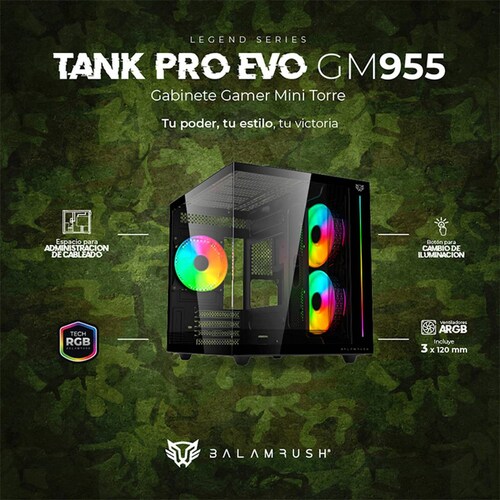 Gabinete Gamer BALAM RUSH TANK PRO EVO GM955 M-ATX Mini Torre 3 Fan RGB USB-C Negro BR-937320 
