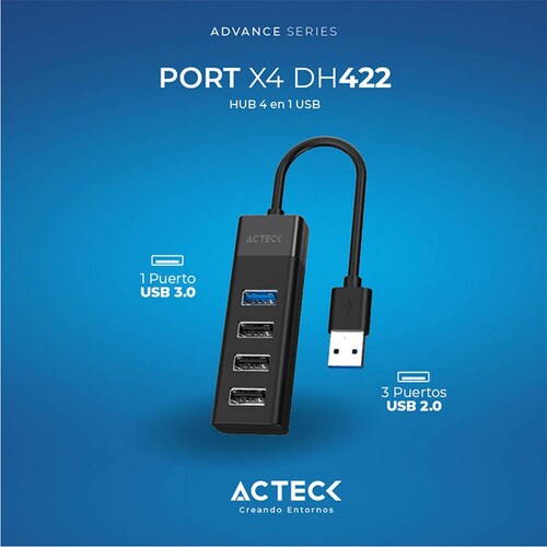 HUB ACTECK PORT X4 DH422 4 en 1 USB Negro AC-937061 