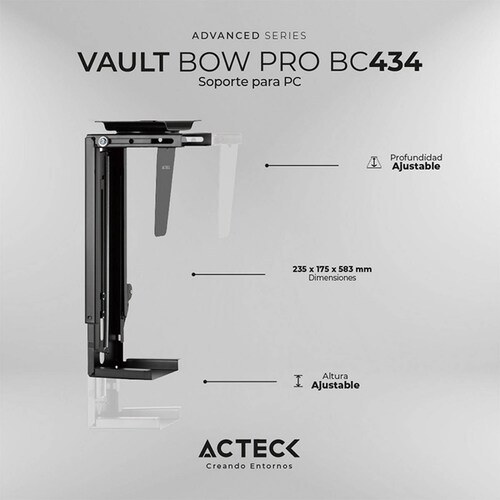 Soporte CPU montable ACTECK VAULT BOW PRO BC434 Rotacion Ajustable Soporta 10Kg Negro AC-936613 