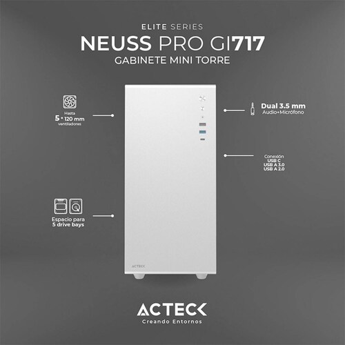 Gabinete ACTECK NEUSS PRO GI717 Micro ATX Mini Torre Cristal Templado USB-C Blanco AC-936002 