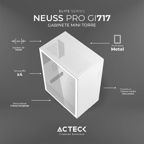 Gabinete ACTECK NEUSS PRO GI717 Micro ATX Mini Torre Cristal Templado USB-C Blanco AC-936002 