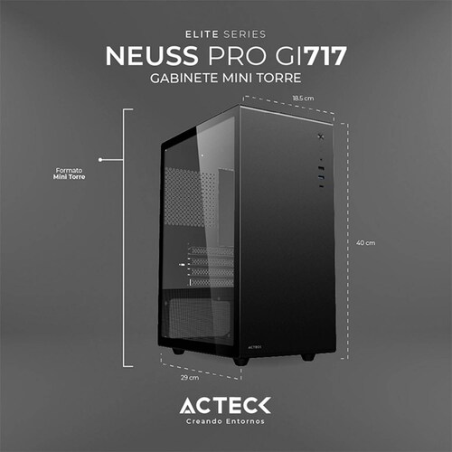 Gabinete ACTECK NEUSS PRO GI717 Micro ATX Mini Torre Cristal Templado USB-C Negro AC-935937 