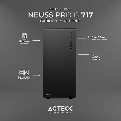 Gabinete ACTECK NEUSS PRO GI717 Micro ATX Mini Torre Cristal Templado USB-C Negro AC-935937 