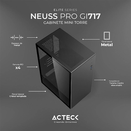 Gabinete ACTECK NEUSS PRO GI717 Micro ATX Mini Torre Cristal Templado USB-C Negro AC-935937 