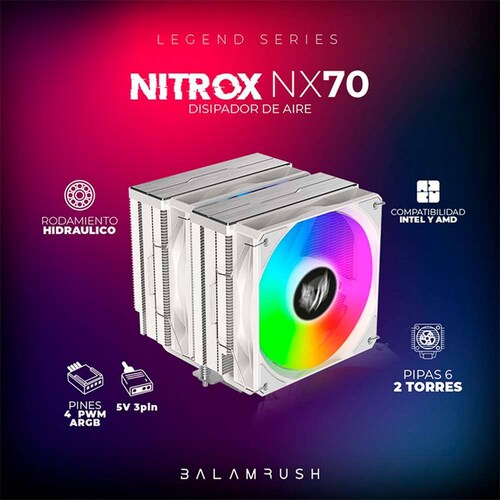 Disipador CPU Gamer BALAM RUSH NITROX NX70 120mm ARGB LGA 1700 AM5 600-1800 rpm 4-pin Blanco BR-937931 