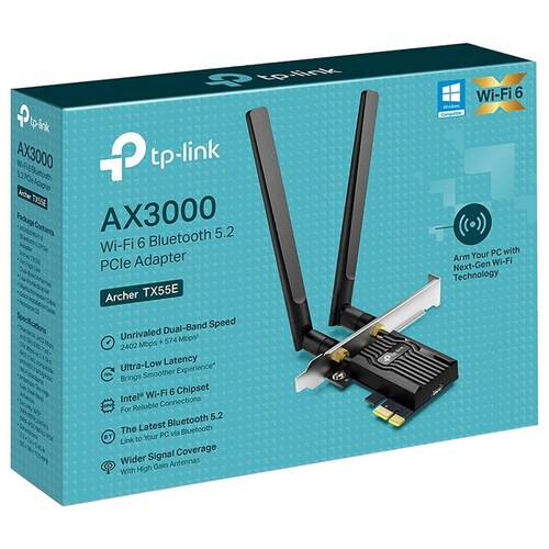 Tarjeta de Red TP-LINK Archer TX55e PCIe Wi-Fi 6 AX3000 Bluetooth 5.2 Doble Banda 3000MBPS 802.11ax 