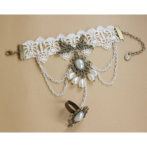 Pulsera Retro Gotica Blanca/dorada C Anillo Ajustable Unisex 