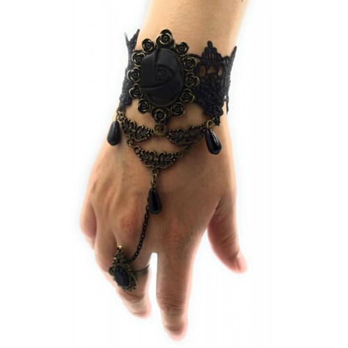 Pulsera Retro Gotica con anillo ajustable Rosa Negra 