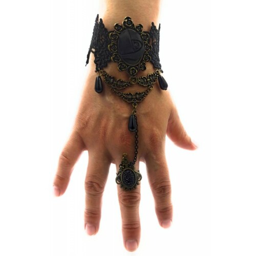 Pulsera Retro Gotica con anillo ajustable Rosa Negra 