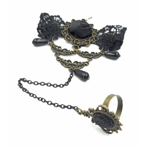 Pulsera Retro Gotica con anillo ajustable Rosa Negra 