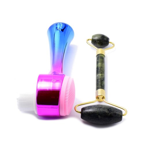 Kit dual de rodillo de Jade con masajeador facial azul con rosa 