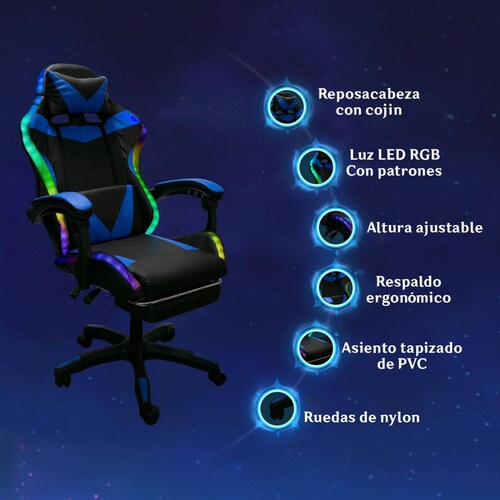 Silla Gaming con Reposapies y Luz LED Premium Gamer Azul