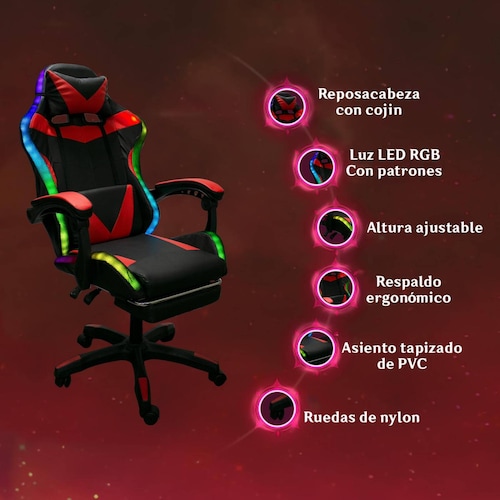 Silla Gaming con Reposapies y Luz LED Premium Gamer Rojo