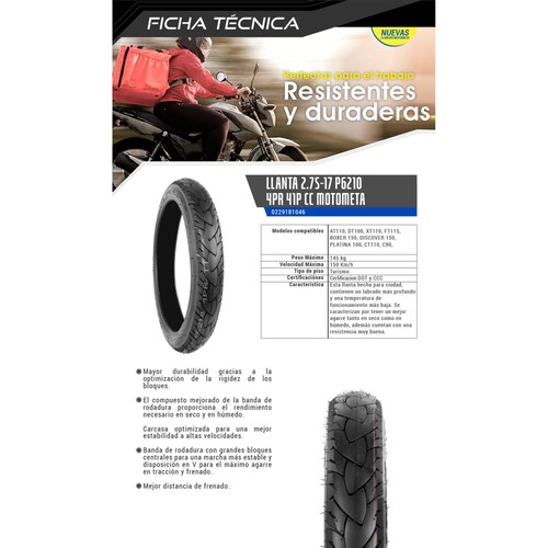 Llanta 2.75-17 para Moto Motocicleta 41P Tube Type Uso con Camara Motometa 