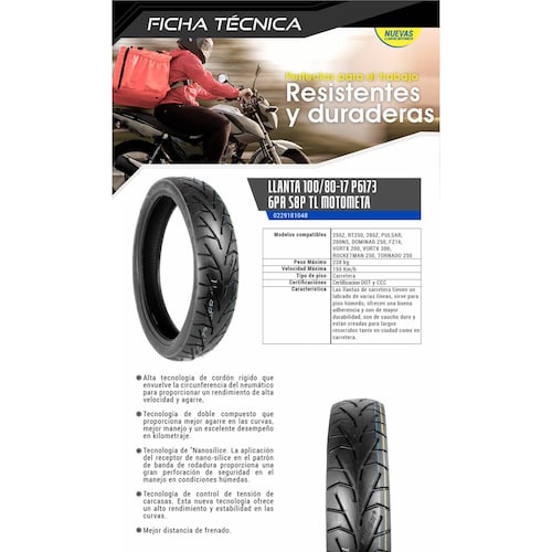 Llanta 100/80-17 para Moto Motocicleta 58P Tubeless Uso sin Camara Motometa 