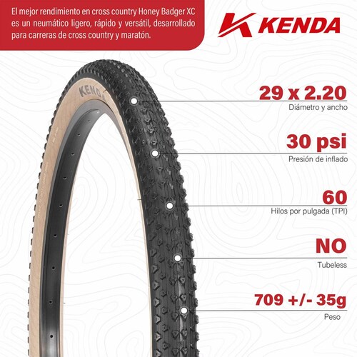 Llanta 29 x 2.20 K1127A Honey Badger XC Sport 60 TPI negra - cara café claro Kenda 