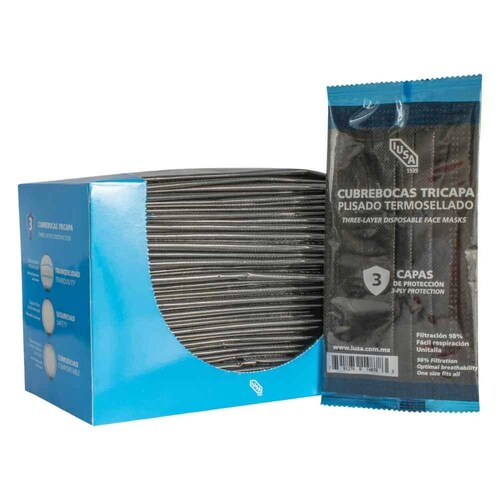 Caja 50 pzas Cubrebocas IUSA, tricapa, Plisado y termosellado Negro 