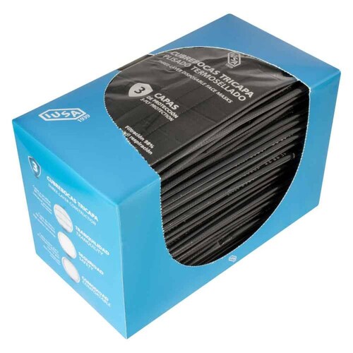 Caja 50 pzas Cubrebocas IUSA, tricapa, Plisado y termosellado Negro 
