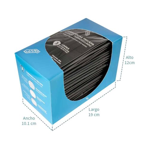 Caja 50 pzas Cubrebocas IUSA, tricapa, Plisado y termosellado Negro 