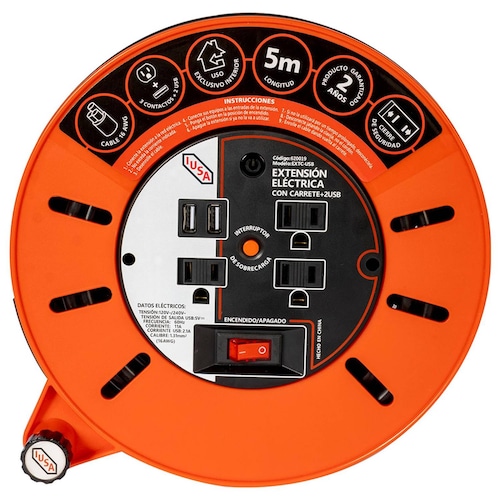 Extensión Eléctrica d'Carrete IUSA, 5m, 3 Entradas + 2 USB 