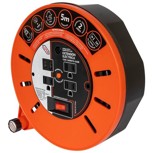 Extensión Eléctrica d'Carrete IUSA, 5m, 3 Entradas + 2 USB 
