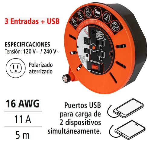 Extensión Eléctrica d'Carrete IUSA, 5m, 3 Entradas + 2 USB 