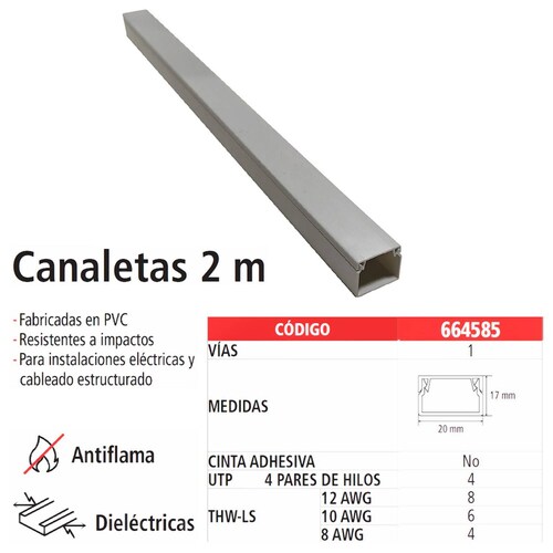 Canaleta Plástica, IUSA, PVC, 2 m, 17x20mm C/A, 10pzas 
