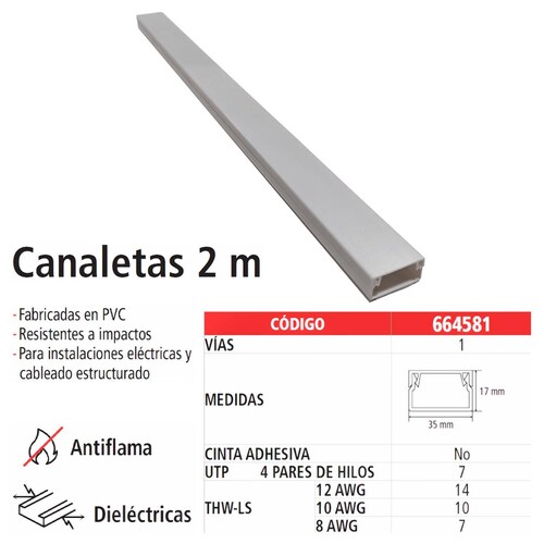 Canaleta Plástica, IUSA, PVC, 2m, 17x35mm, 10pzas 