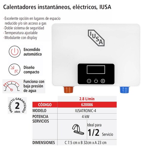Calentador instantáneo, eléctrico, 2.8 L/min, IUSA 