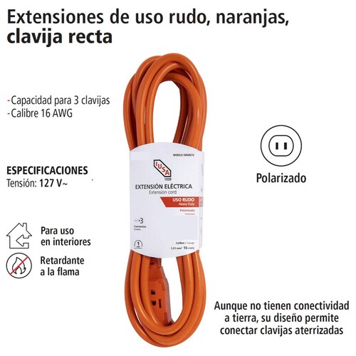 Extensión de Uso Rudo, Naranja, Clavija Recta, 25m, IUSA 