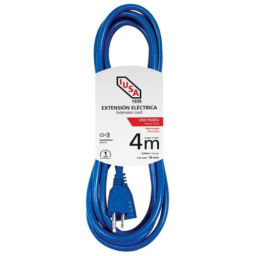 Extensión de Uso Rudo Aterrizada, Azul, Clavija Recta, 4m, IUSA 