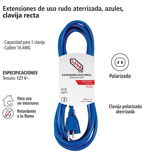 Extensión de Uso Rudo Aterrizada, Azul, Clavija Recta, 4m, IUSA 