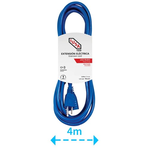 Extensión de Uso Rudo Aterrizada, Azul, Clavija Recta, 4m, IUSA 