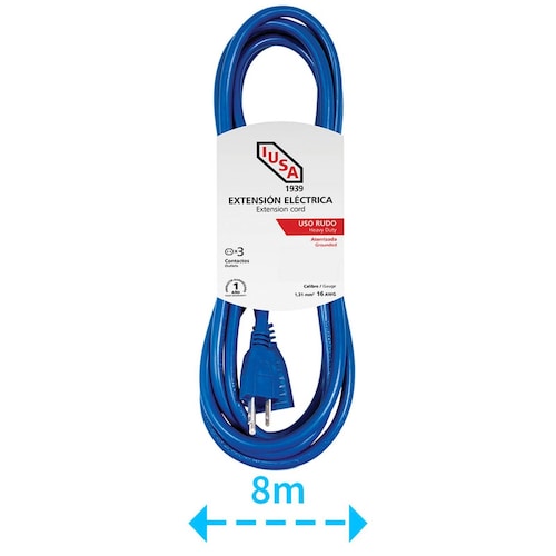 Extensión de Uso Rudo Aterrizada, Azul, Clavija Recta, 8m, IUSA 