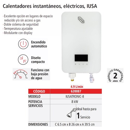 Calentador instantáneo, eléctrico, 4.9 L/min, IUSA 