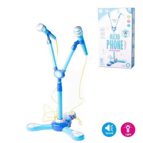 Micrófono Doble Musical Infantil de Juguete Pedestal Karaoke Luz  - Azul