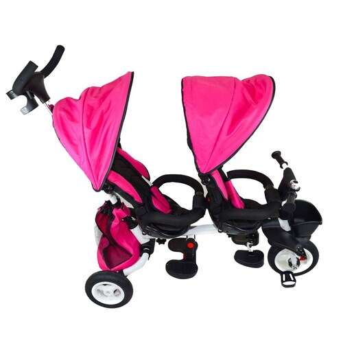 Triciclo Doble para Niños Asientos Giratorios Bastón Dirigible Timbre  - Rosa